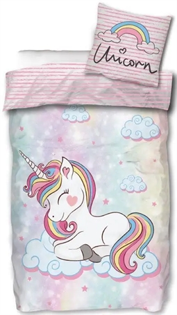 Børne sengetøj 140x200 cm - Sengetøj med sød unicorn på sky - 100% bomuld - Med enhjørning